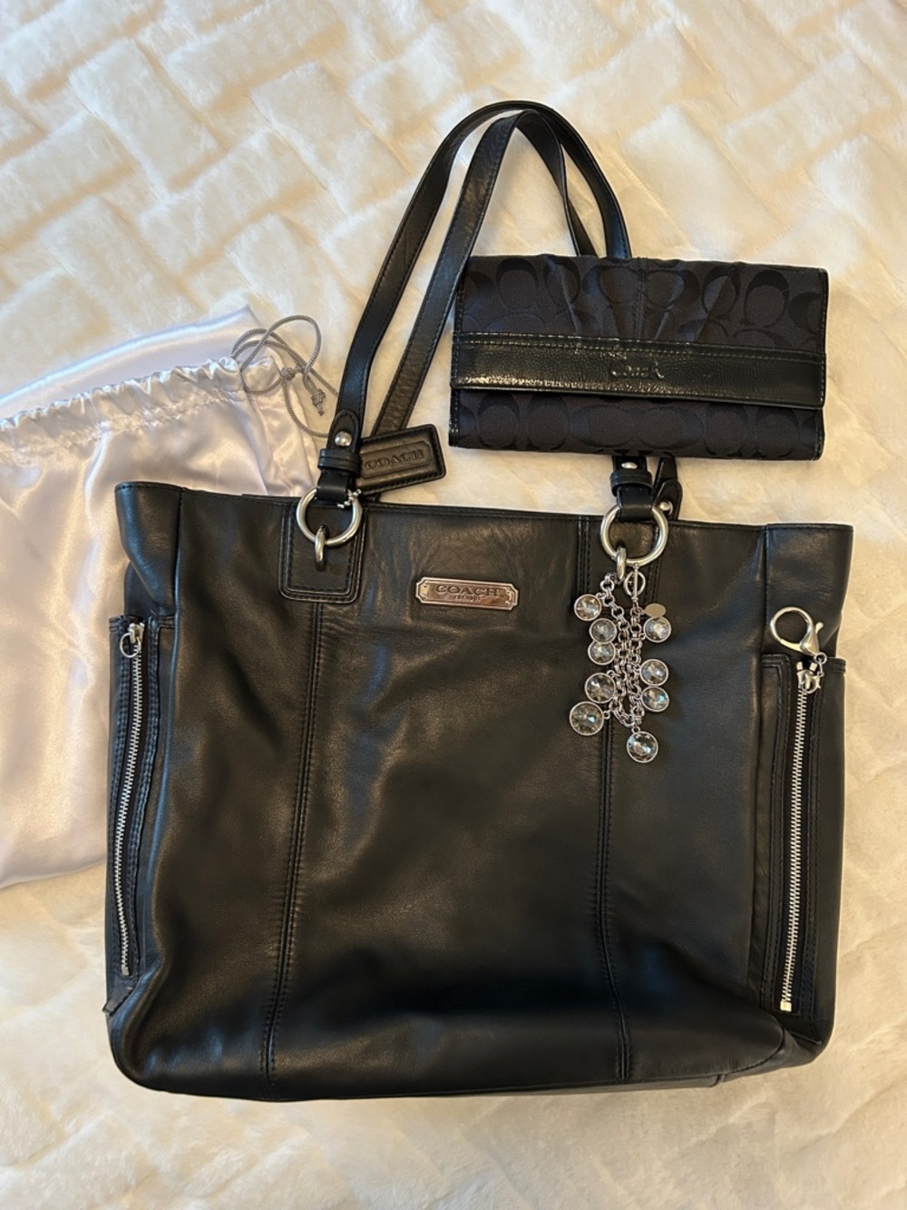 Coach Black Leather Tote and Walletwith Silver Hardware, WHBM Bag Charm/Bracelet